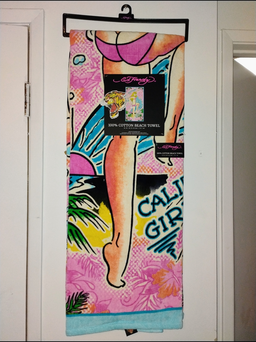 Ed Hardy Pink & Blue 'Cali Girl' Graphic Cotton Beach Towel